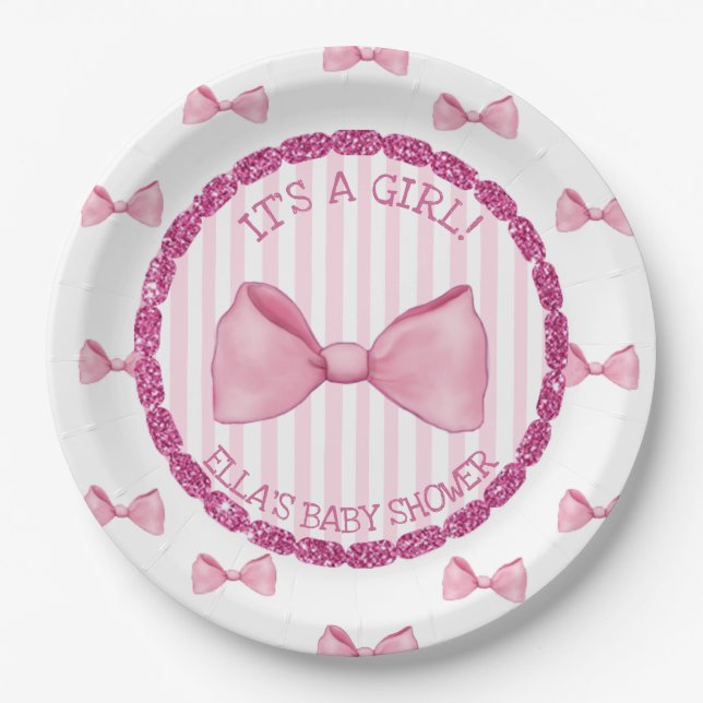 Personalised Baby Shower Paper Plates Pink Bows (Front)