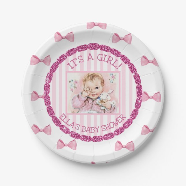 Personalised Baby Shower Paper Plates Pink Bows (Front)