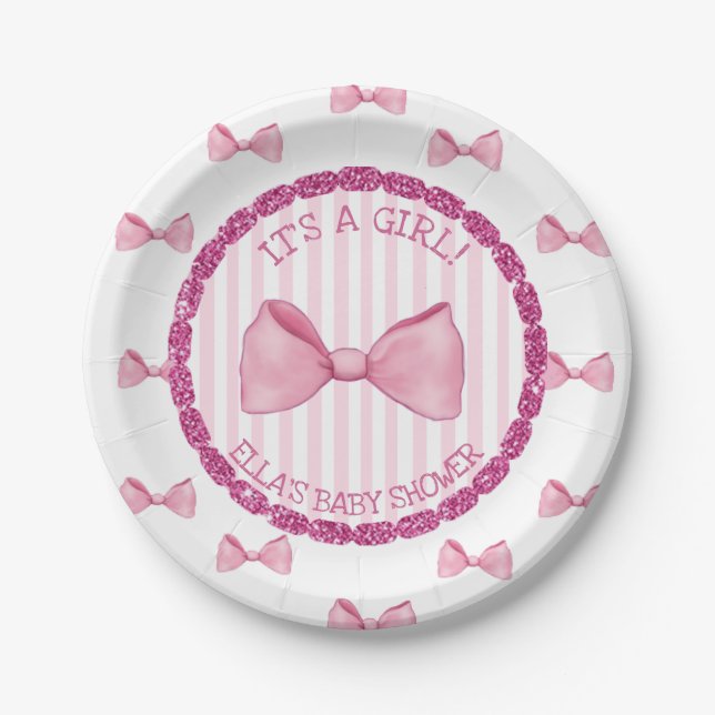 Personalised Baby Shower Paper Plates Pink Bows (Front)