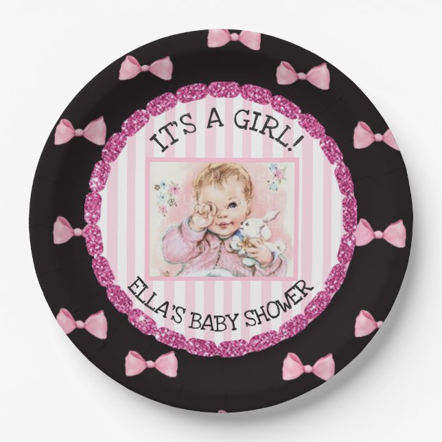 Personalised Baby Shower Paper Plates Pink Bows (Front)
