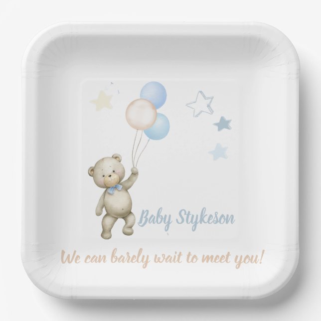 Personalised Baby Shower Plates Teddy Bear Blue (Front)