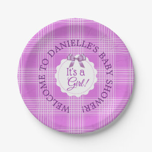Personalised Baby Shower Purple Plaid Paper Plates