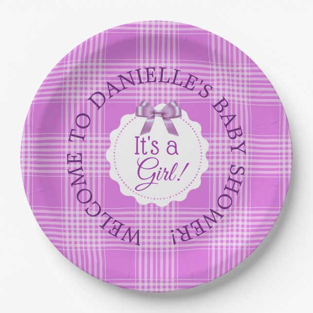 Personalised Baby Shower Purple Plaid Paper Plates (Front)