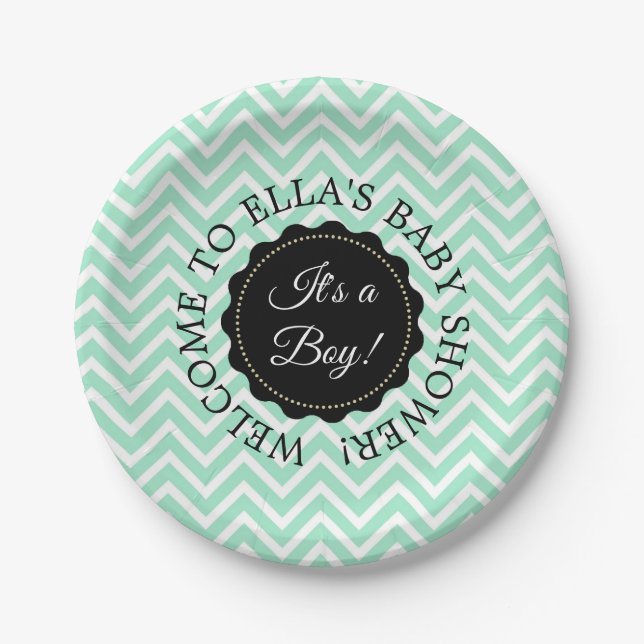 Personalised Baby Shower Sage Chevron Paper Plates (Front)