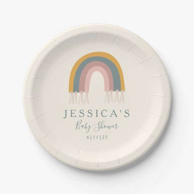 Personalised Baby Shower Soft Boho Rainbow Pastel Paper Plate (Front)