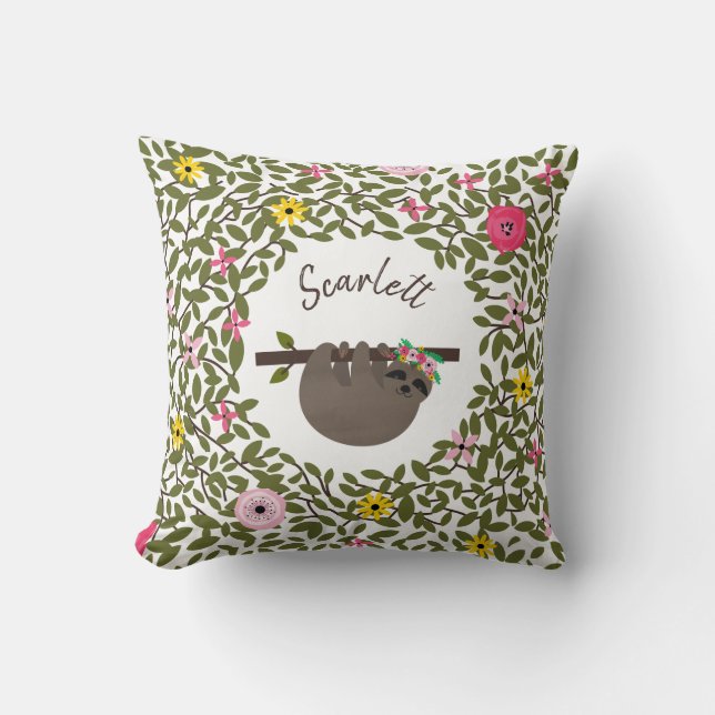 Personalised Baby Sloth Floral Pillow (Front)