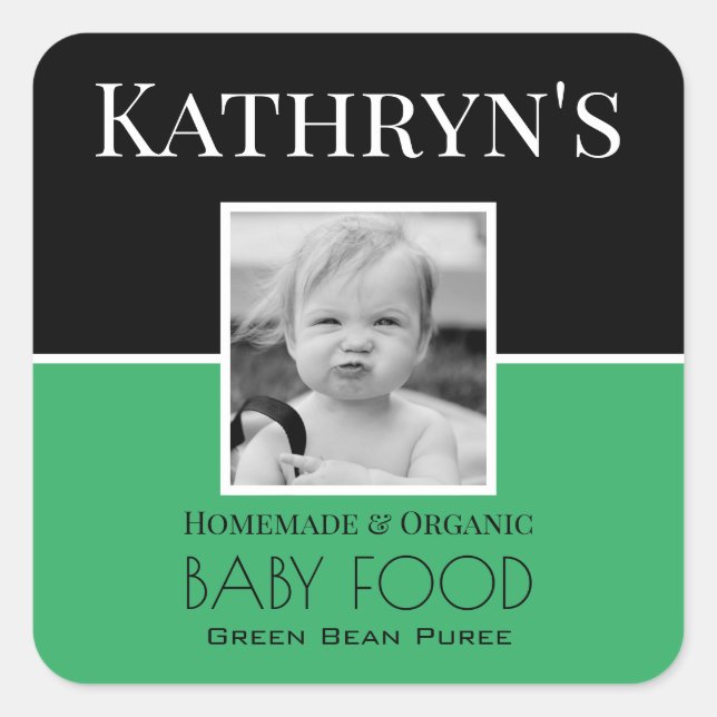 Personalised Baby Square Photo w/Pic Green Label (Front)