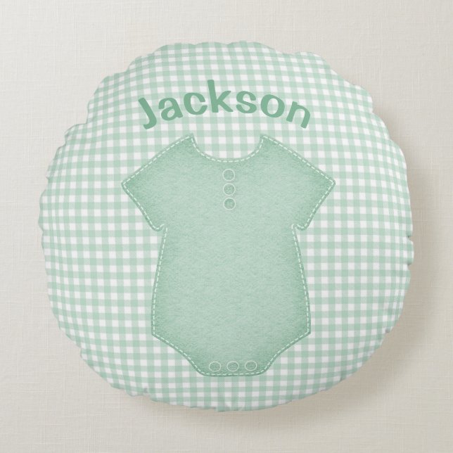 Personalised Baby Suit Plaid Gingham Nursery Name Round Cushion (Front)