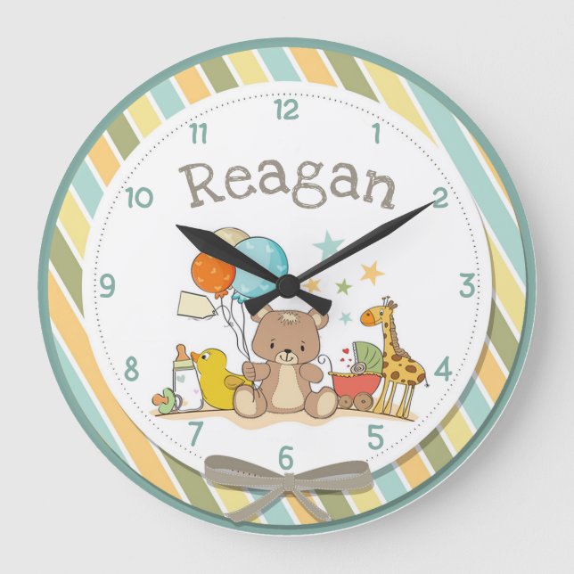 Personalised Baby Teddy Bear Giraffe Rubber Ducky Large Clock (Front)