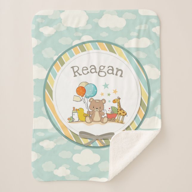 Personalised Baby Teddy Bear Giraffe Rubber Ducky Sherpa Blanket (Front)