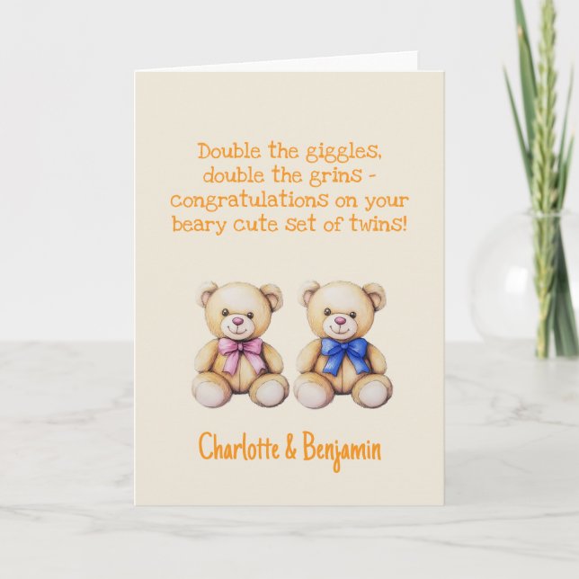 Personalised Baby Twins Congratulations, Bears     Card (Front)