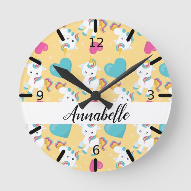 Personalised Baby Unicorns & Hearts Round Clock (Front)