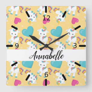 Personalised Baby Unicorns & Hearts Square Wall Clock