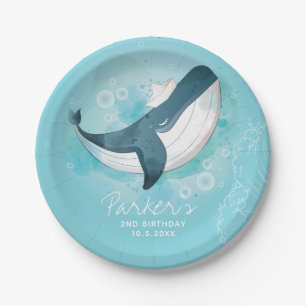 Personalised Baby Whale Blue Birthday Paper Plate