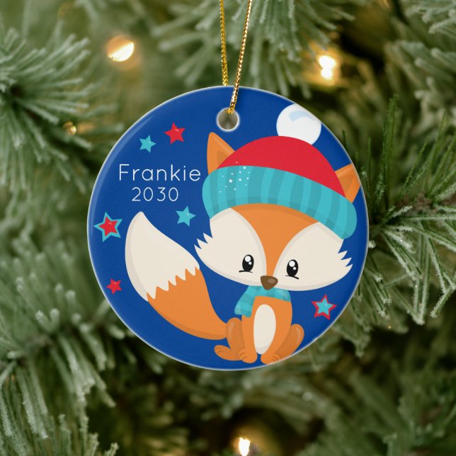 Personalised Baby Woodlands Fox Christmas Ceramic Tree Decoration (Tree)