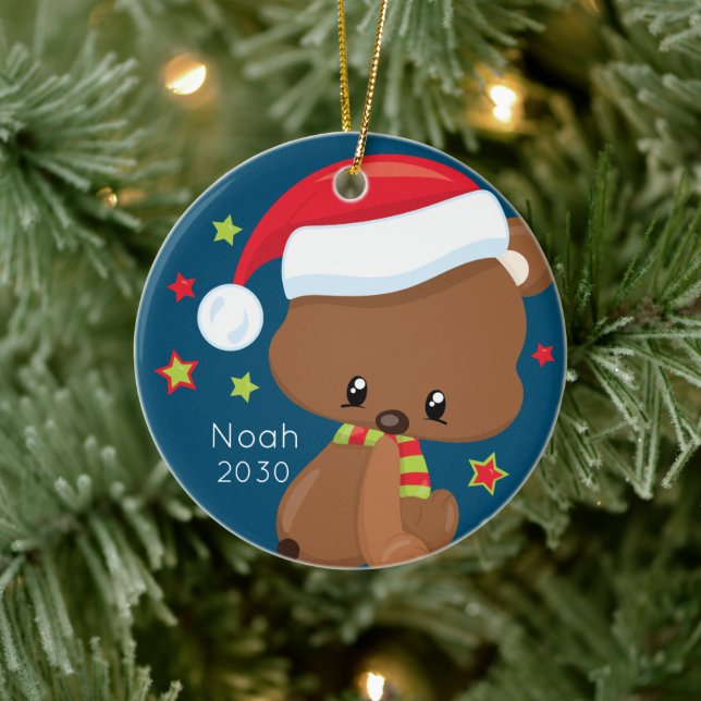 Personalised Baby Woodlands Santa Bear Christmas Ceramic Tree Decoration (Tree)