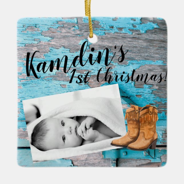 Personalised Baby XMAS Ornament Blue Wood Barn Doo (Front)