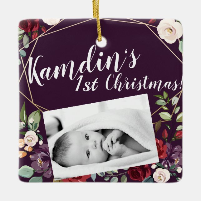 Personalised Baby XMAS Ornament Plum Purple Roses (Front)