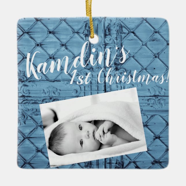 Personalised Baby XMAS Ornament Rustic Tin Panel C (Front)