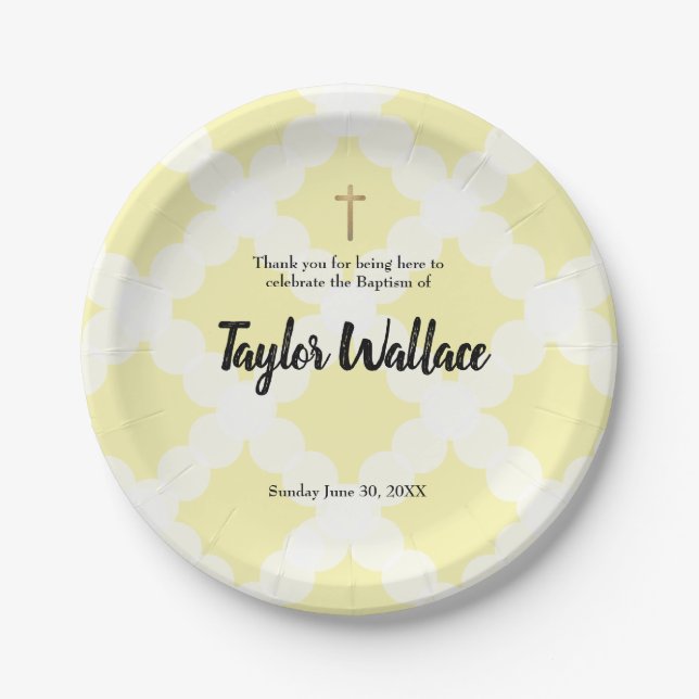 Personalised Baby yellow Baptism & gold cross Paper Plate (Front)