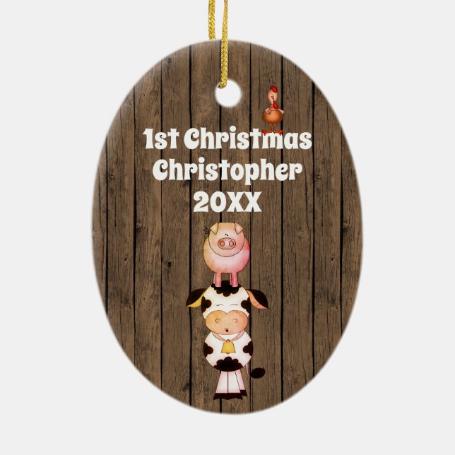 Personalised Baby's1st Christmas Cute Farm Animals Ceramic Tree Decoration (Back)
