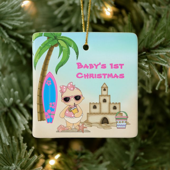 Personalised Baby's 1st Christmas Girl's Beach Ceramic Ornament (Tree)