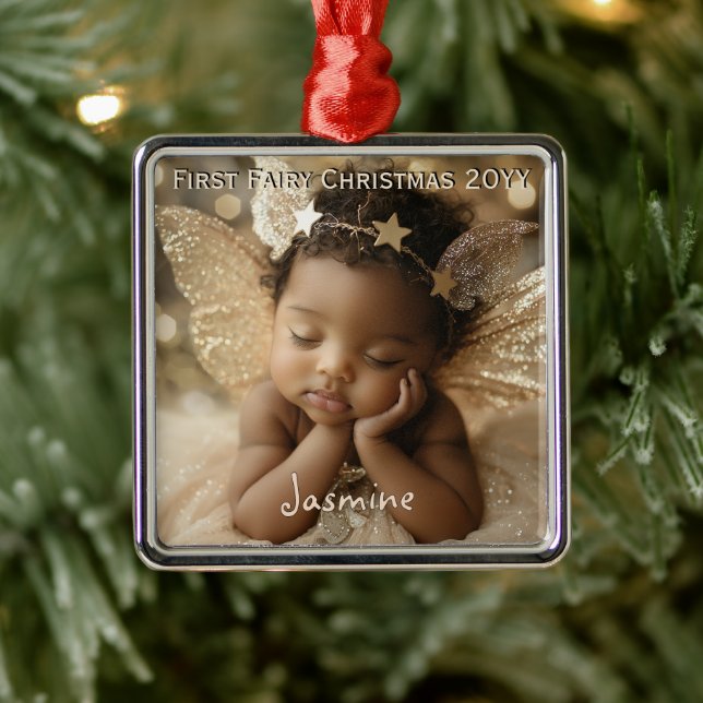 Personalised Baby's Cute First Christmas Fairy Metal Tree Decoration (Tree)