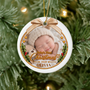 Personalised Baby's First Christmas 2026 Photo Orn Ceramic Tree Decoration