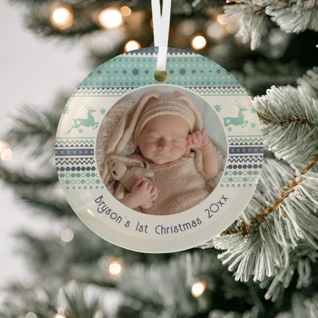Personalised Baby's First Christmas Blue Reindeer Glass Tree Decoration (Creator Uploaded)