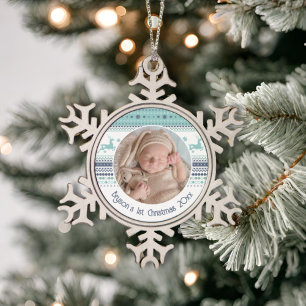 Personalised Baby's First Christmas Blue Reindeer Snowflake Pewter Christmas Ornament