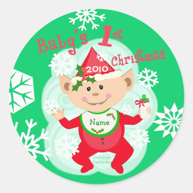 Personalised Baby's First Christmas Classic Round Sticker (Front)
