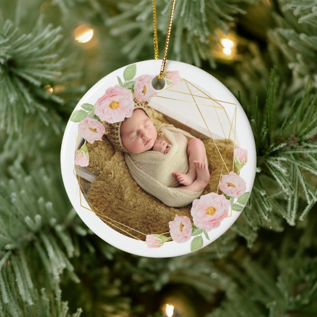 Personalised baby's first christmas flower frame ceramic tree decoration (Tree)
