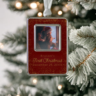 Personalised Baby's First Christmas Glitter Photo  Silver Plated Framed Ornament