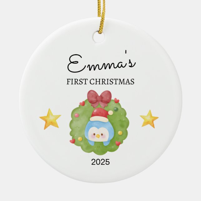 Personalised Baby's First Christmas, Penguin Gift Ceramic Tree Decoration (Front)