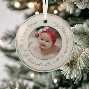 Personalised Baby's First Christmas Photo Glitter Glass Tree Decoration