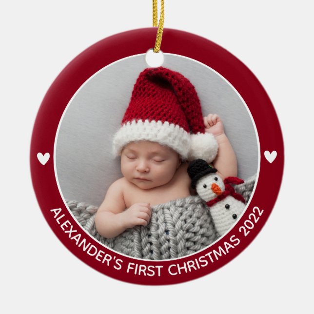Personalised Babys First Christmas Photo Name Year Ceramic Tree Decoration (Front)