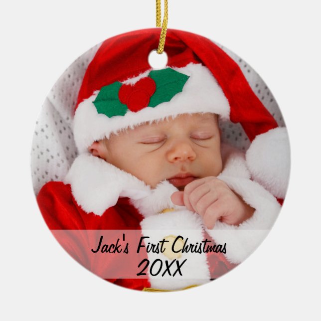 Personalised Babys First Christmas Photo Name Year Ceramic Tree Decoration (Front)