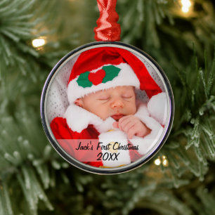 Personalised Babys First Christmas Photo Name Year Metal Tree Decoration