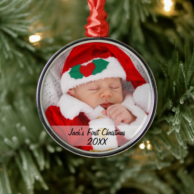 Personalised Babys First Christmas Photo Name Year Metal Tree Decoration (Tree)