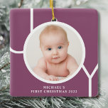 Personalised Baby's First Christmas Photo Purple  Ceramic Ornament<br><div class="desc">This stylish Baby's First Christmas Photo Ornament is decorated with the word JOY in white on a purple background.
Easily customisable with your photo and name.
Suitable for a boy or girl.</div>