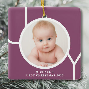 Personalised Baby's First Christmas Photo Purple Ceramic Ornament