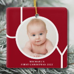 Personalised Baby's First Christmas Photo Red  Ceramic Ornament<br><div class="desc">This stylish Baby's First Christmas Photo Ornament is decorated with the word JOY in white on a red background.
Easily customisable with your photo and name.</div>