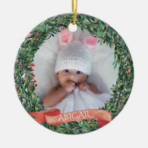Personalised Baby's First Christmas Photo Wreath  Ceramic Tree Decoration
