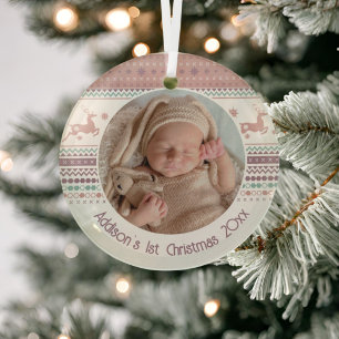Personalised Baby's First Christmas Pink Reindeer Glass Tree Decoration