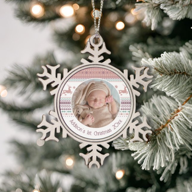 Personalised Baby's First Christmas Pink Reindeer Snowflake Pewter Christmas Ornament (Creator Uploaded)