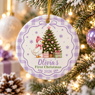 Personalised Baby's First Christmas Purple Goose Ceramic Tree Decoration