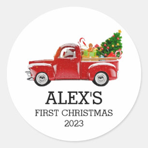 Personalised Baby's First Christmas Red Truck Boys Classic Round Sticker