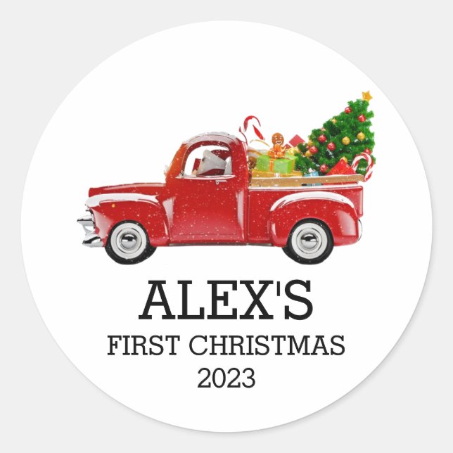 Personalised Baby's First Christmas Red Truck Boys Classic Round Sticker