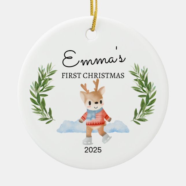 Personalised Baby's First Christmas, Reindeer Gift Ceramic Tree Decoration (Front)