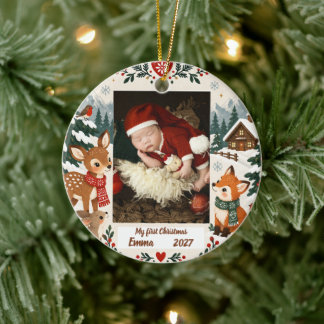 Personalised Baby's First Nordic Christmas Photo Ceramic Tree Decoration